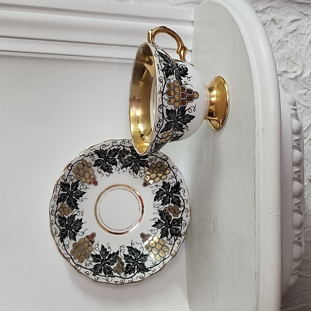 Black Gold Rosina Teacup and Saucer, Floral Teacup gold grapes